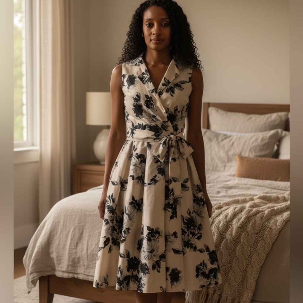 Jessica Howard Elegant Blue and Cream Floral Dress